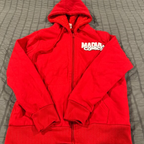 Marvel Comics Red Sherpa fleece lined hooded zipper jacket superhero - I1299  gr - Picture 2 of 11